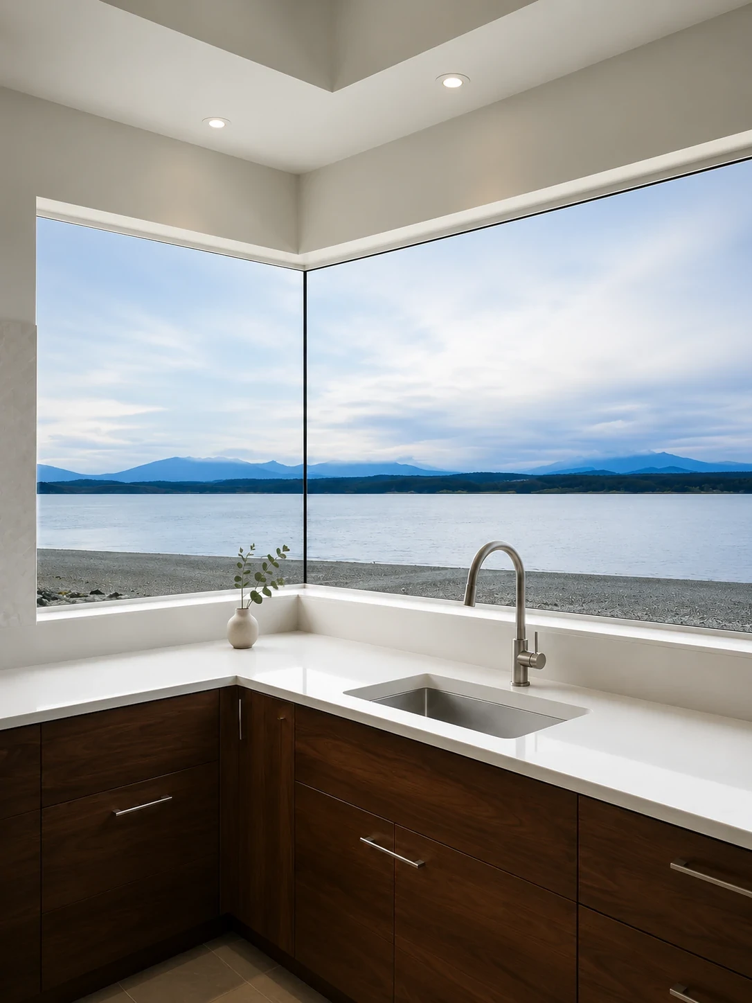 Architectural aluminum corner window with ocean view