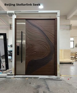 Modern Luxury Wood Grain Aluminum Entry Door with Sculptural Relief Panel and Glass Sidelights Custom Front Door for Villa Hotel