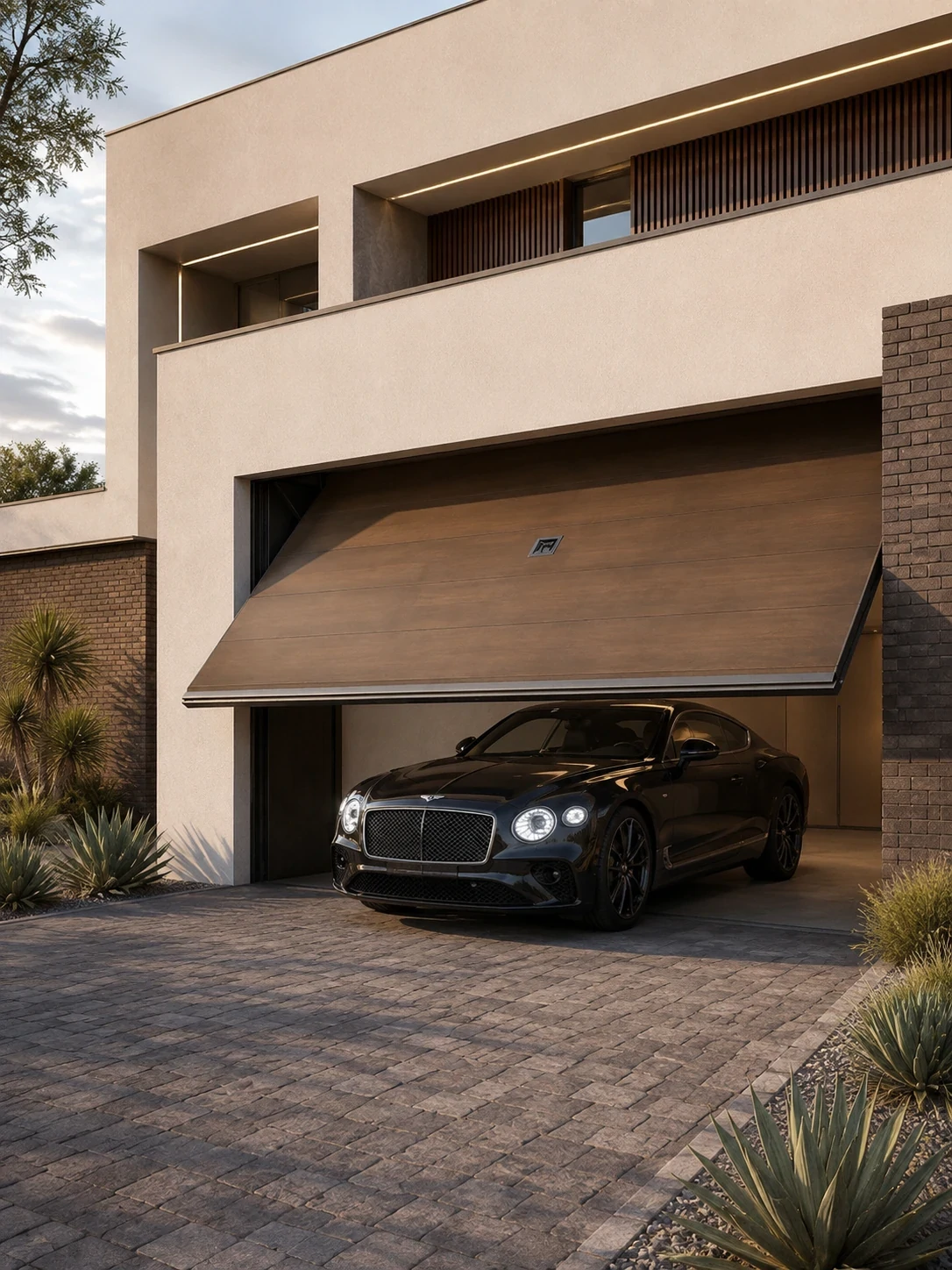 Wood-look aluminum garage door on a modern home