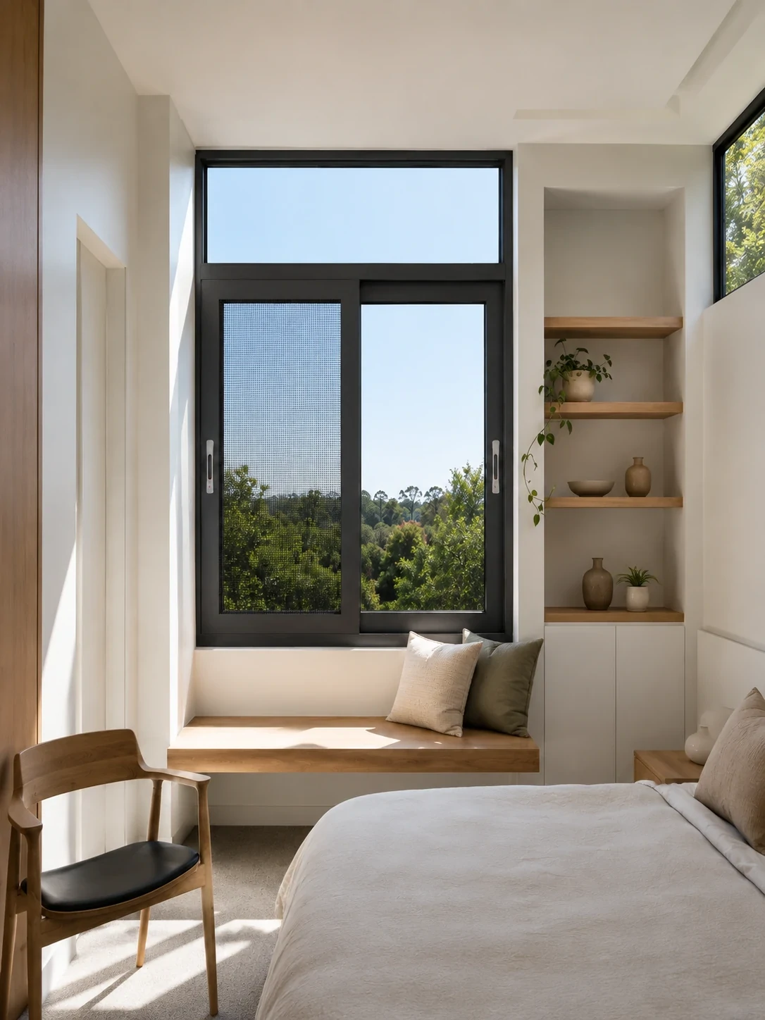 Aluminum sliding window in a modern bedroom