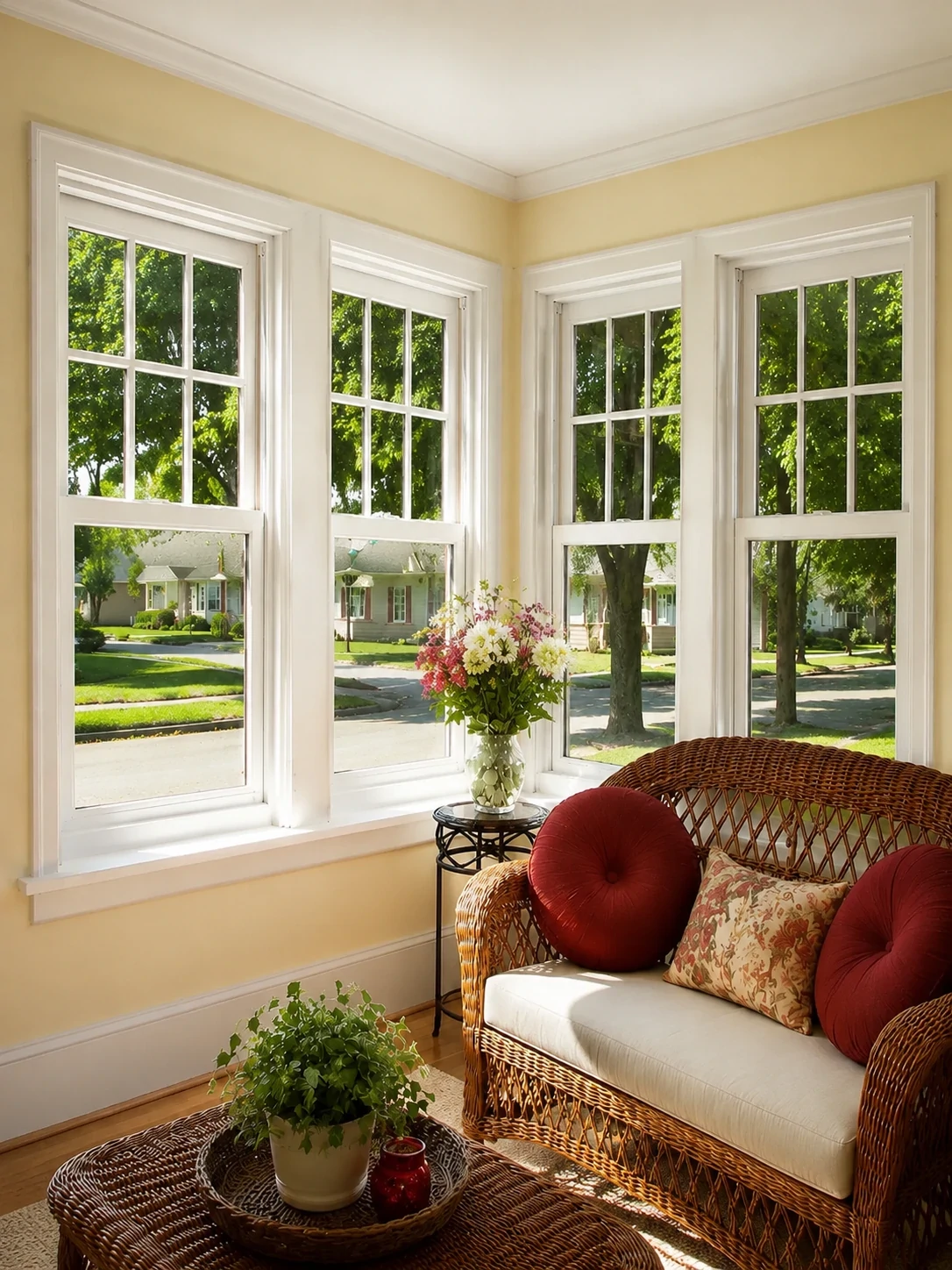Aluminum double-hung windows facing a garden