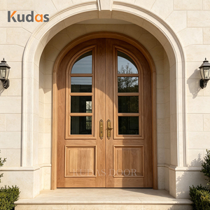 Modern Classic European Arched Solid Wood Entry Double Door Villa Main Exterior Entrance Arch Double Door With Tempered Glass