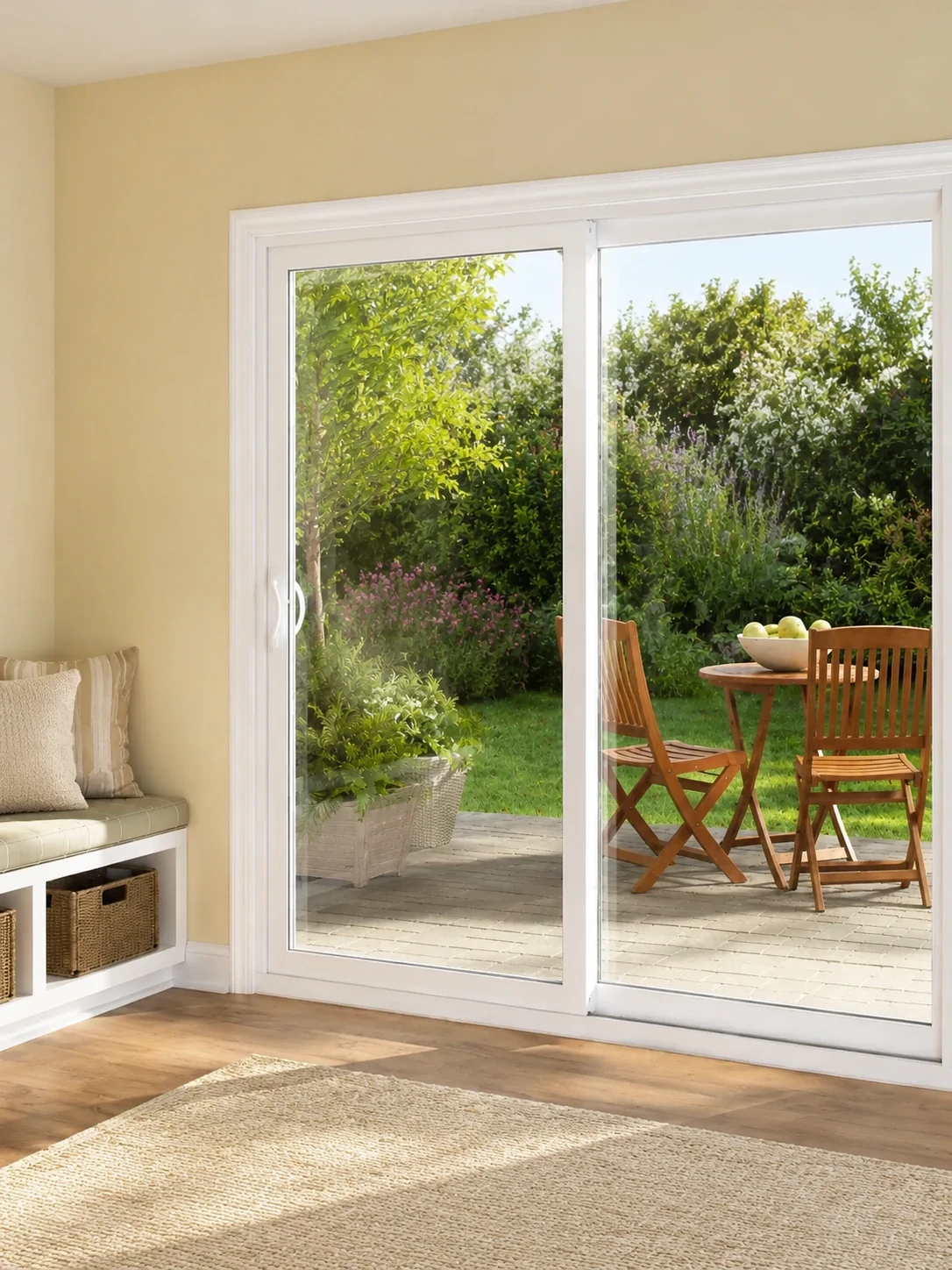 Aluminum sliding patio doors opening onto a garden