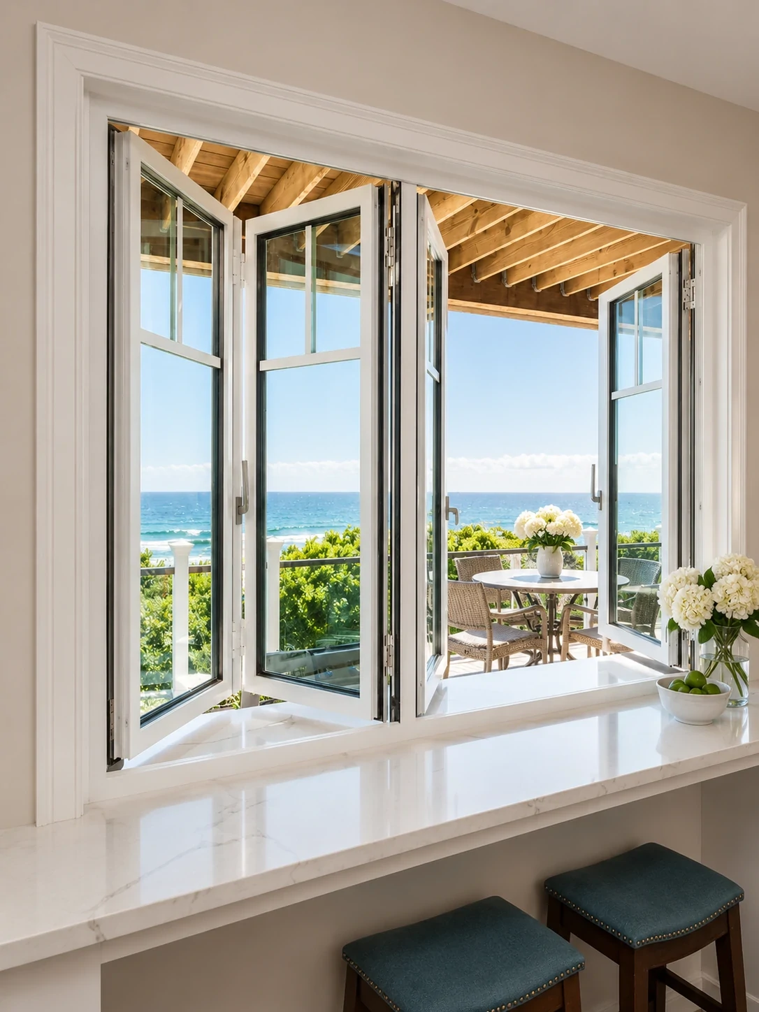 Aluminum folding window opening a coastal kitchen to the outdoors