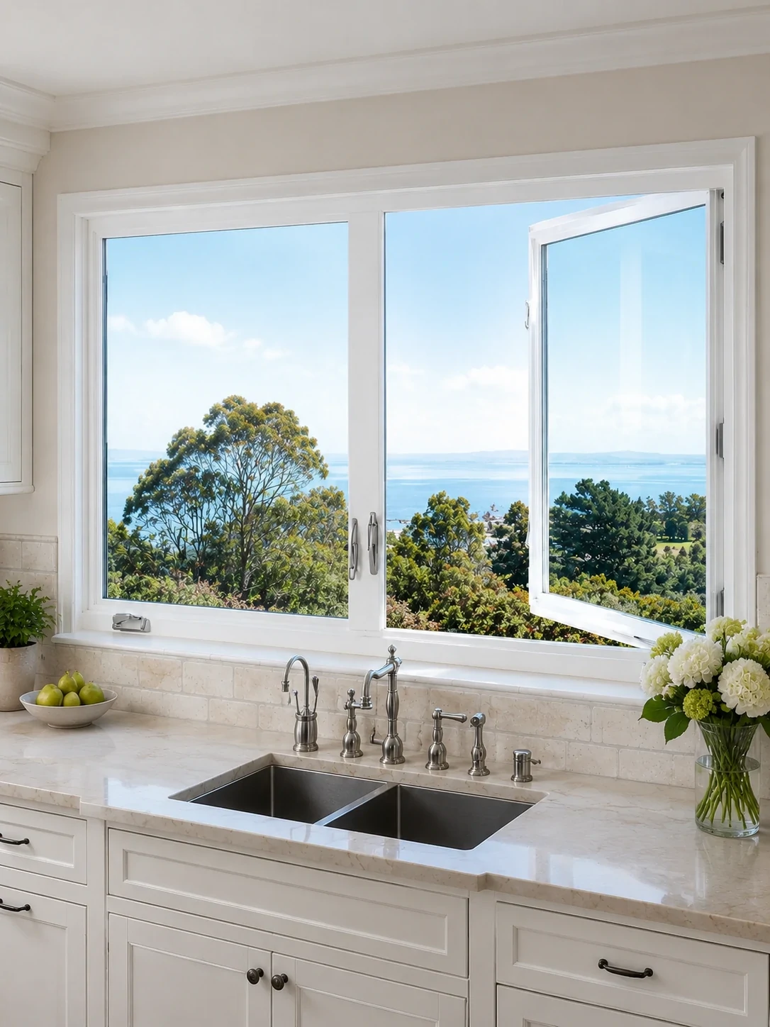 Aluminum casement window above a kitchen sink