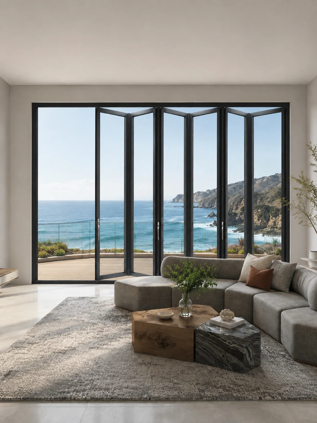 Coastal home with aluminum folding glass doors opening to the ocean view