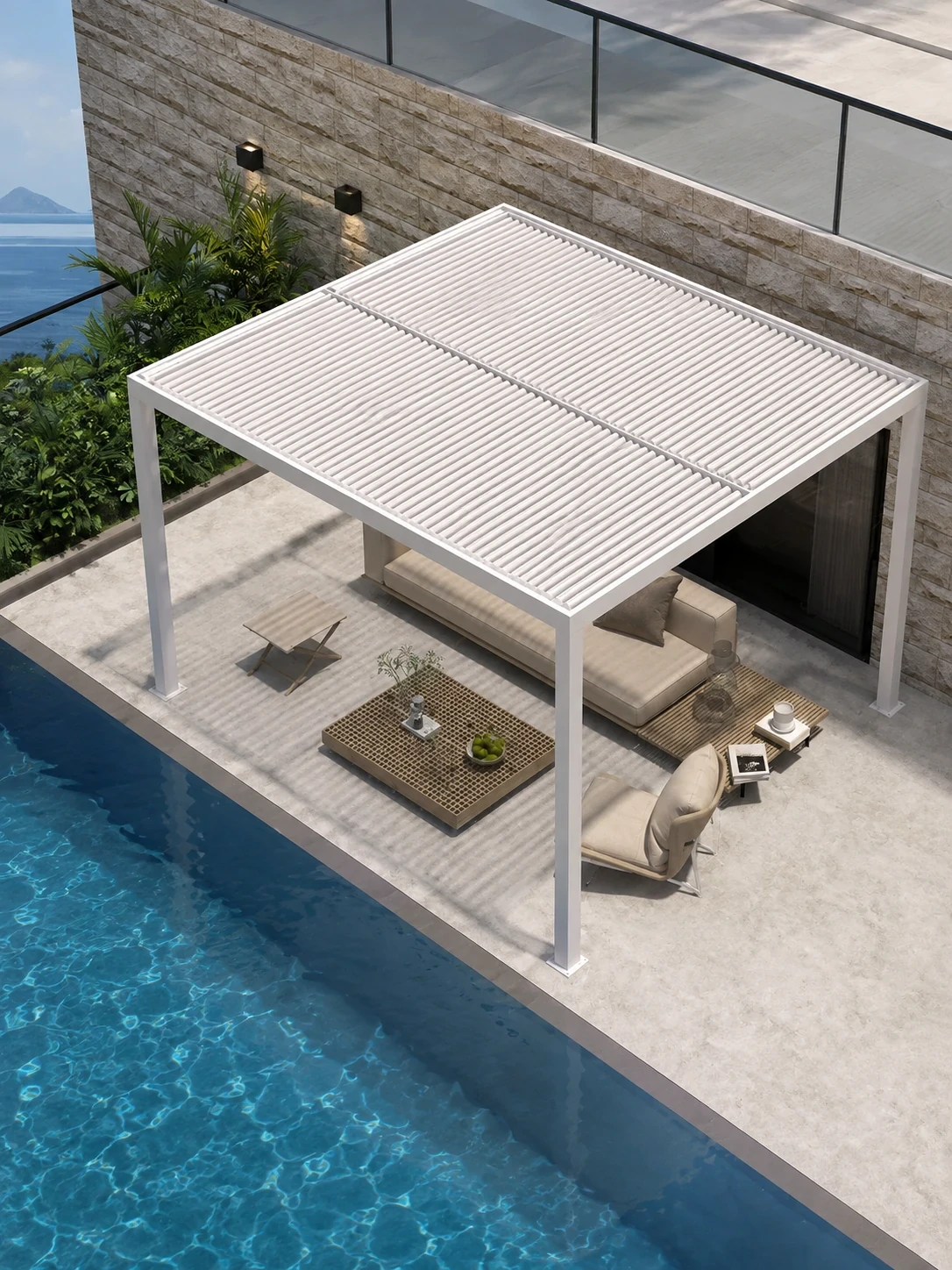 Aluminum pergola with retractable roof over a terrace