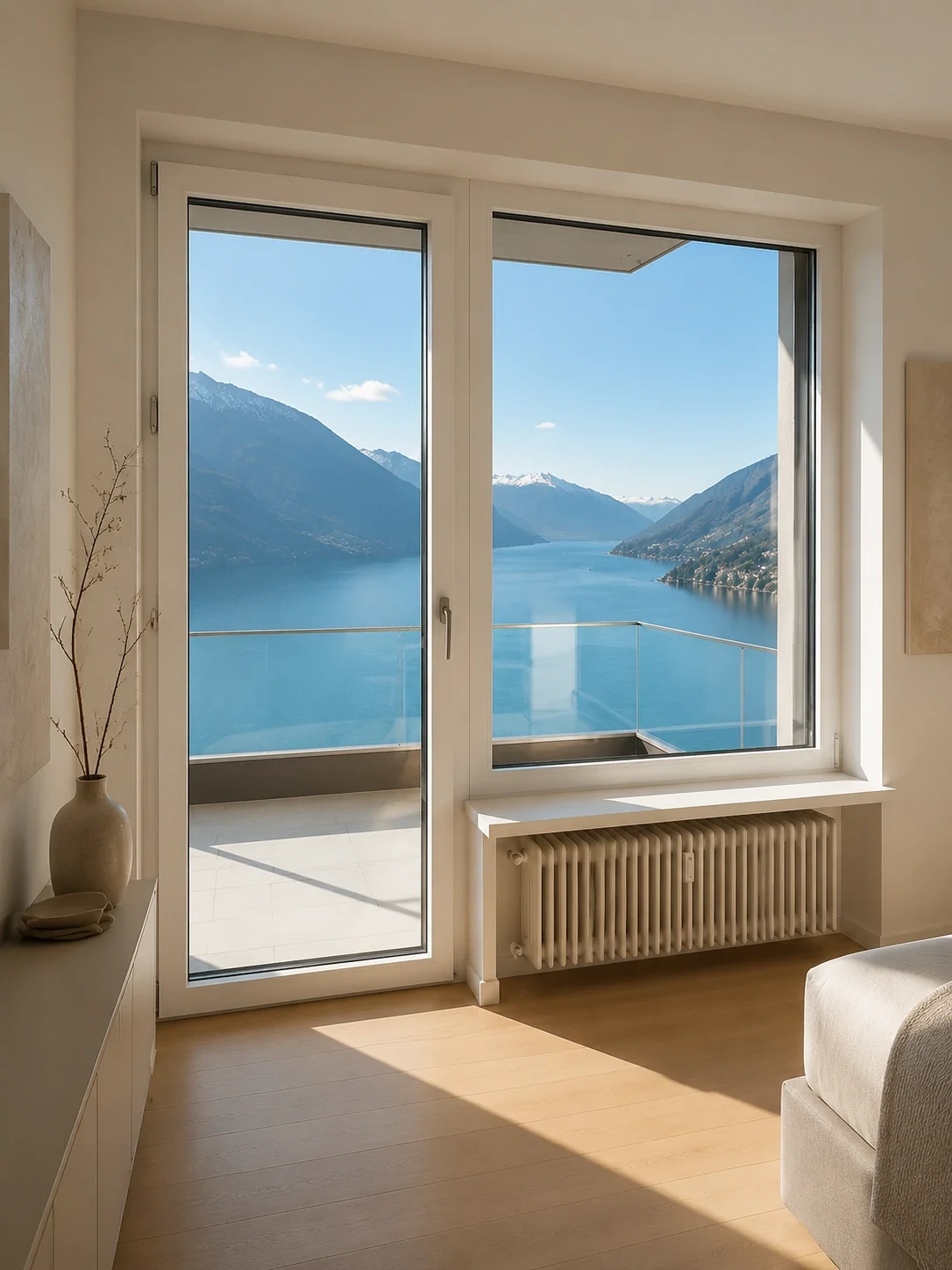 Aluminum casement door with lake view